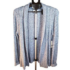 Kim Rogers Blue with White Open Front  Cable Knit Relaxed Fit Cardigan. Size Lar
